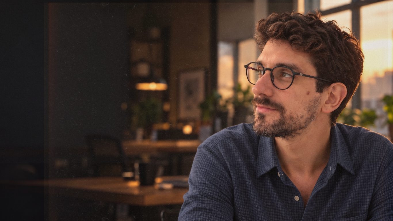 Filipe Côrtes em um café, olhando para o lado sob a luz do fim de tarde